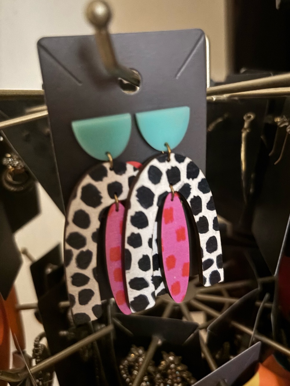 Handmade Wooden Colorblock Arch Statement Earrings — Mint, Black & White, Pink